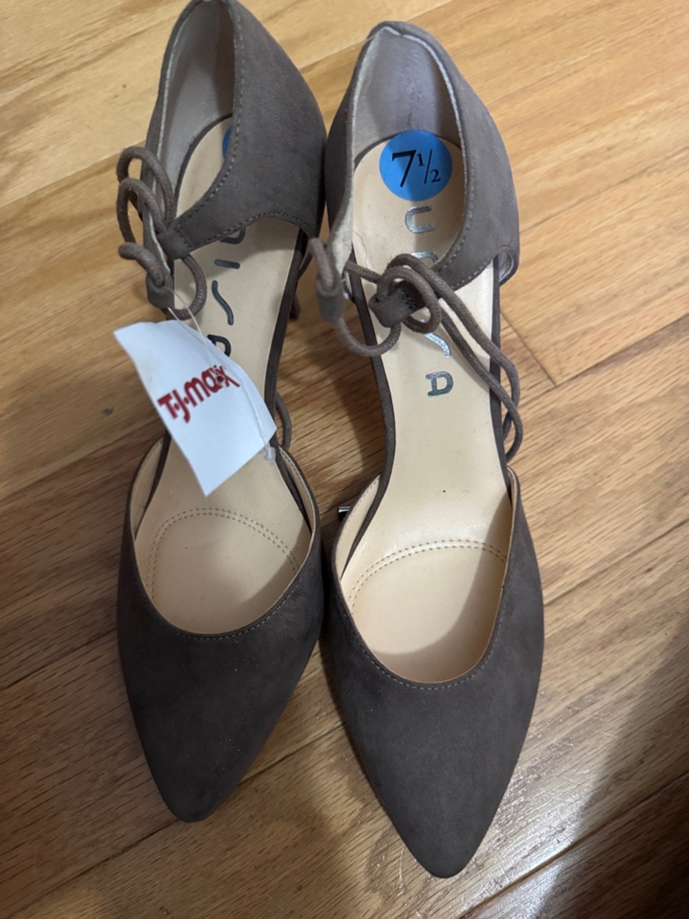 Unisa Taupe Suede Pointed Toe Ankle Tie Heels